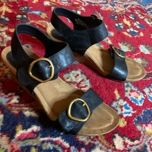 Black Leather Open-Toe Sandals with Gold Buckles
